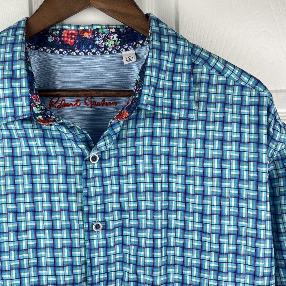 Robert Graham Shirt Mens XL (1XL) Blue‎ Plaid Long Sleeve Flip Cuff Floral